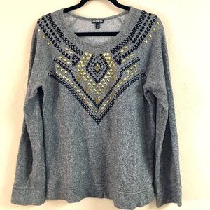 Express Long Sleeve Sweater Medium Gray Gold Studded 100% Cotton Lightweight